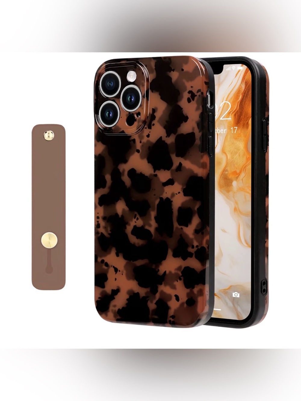 Tortoise Pattern iPhone 15 PRO Case with Wrist Strap - Black & Brown NEW